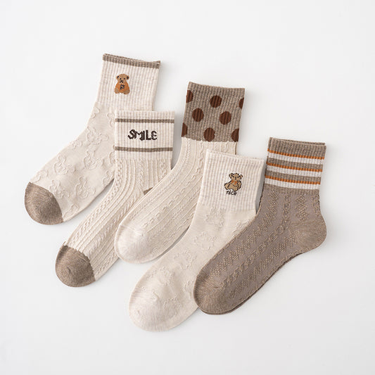 Cozy Teddy Neutral Crew Socks – 5-Pair Set